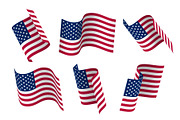 Set of 3d USA waving flag. Isolated on white, vector illustration.