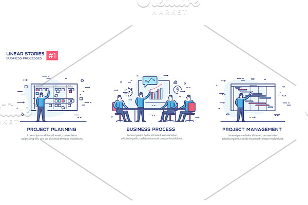 Set of illustrations concept with businessmen. Workflow, growth, graphics. Business development, milestones. linear illustration Icons infographics. Landing page site print poster. Line story