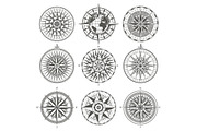 Set of vintage antique wind rose nautical compass signs labels e