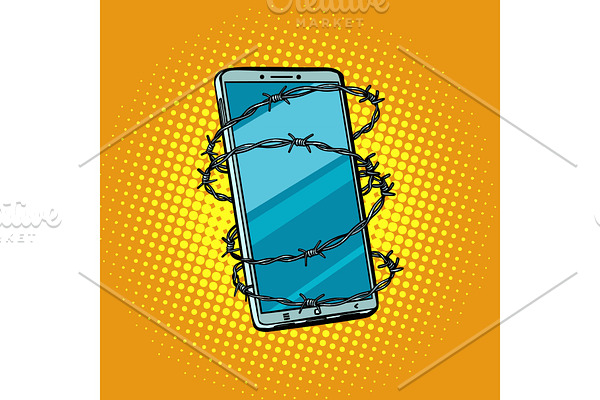 Barbed wire and telephone. concept of freedom online Internet ce