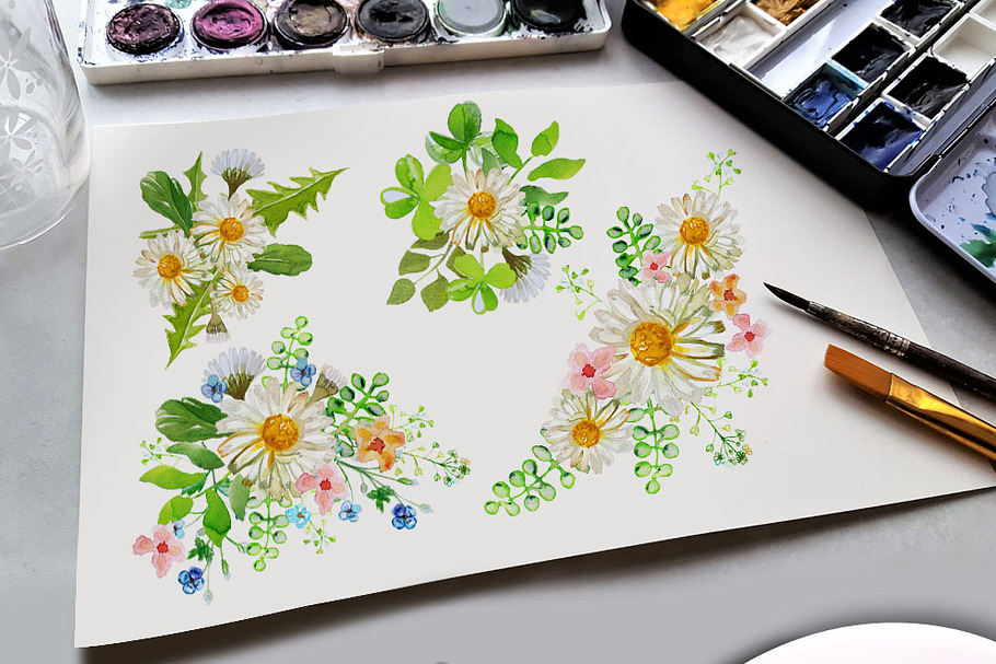 Daisies Bouquet Clipart Watercolor  in Illustrations - product preview 8