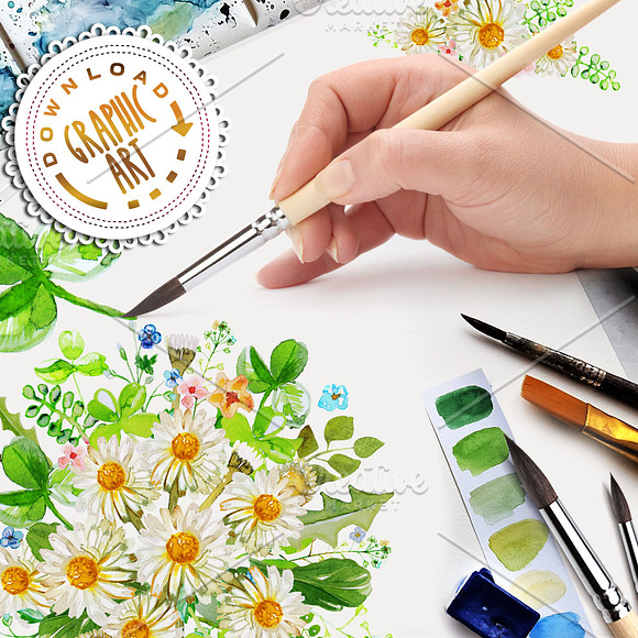 Daisies Bouquet Clipart Watercolor  in Illustrations - product preview 2