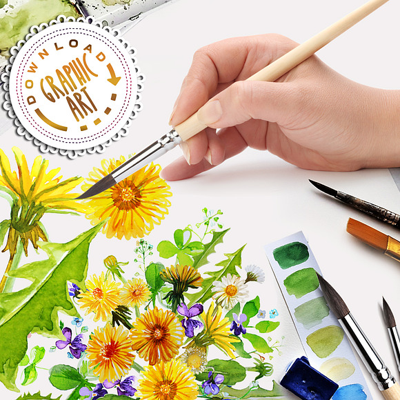 Summer Dandelion Clipart Watercolor  in Illustrations - product preview 3