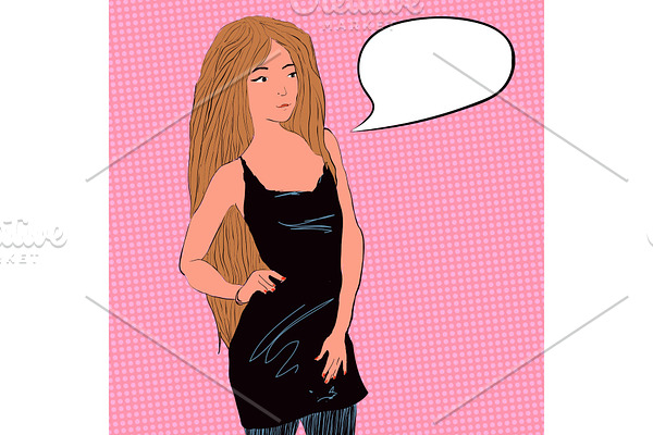 Vector pretty woman with long hair in a black dress. Character illustration with comics style bubble for text.