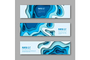 3d paper cut horizontal banners. Shapes with shadow in different blue color tones. Papercraft layered art. Design for decoration, business presentation, posters, flyers, prints, vector.