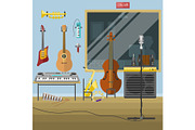 Music studio musical instruments producer record volume interior vector illustration.