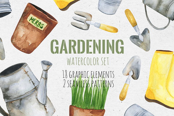 Gardening. Watercolor set