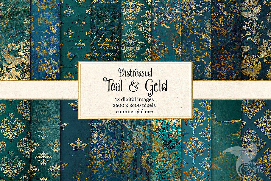 Teal and Gold Digital Paper in Textures - product preview 8