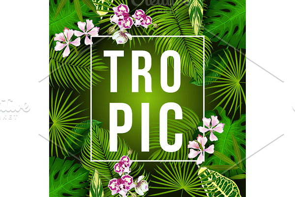 Tropical palm and flower poster for summer holiday