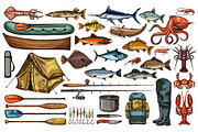 Fishing equipment and fisherman trophy fish sketch