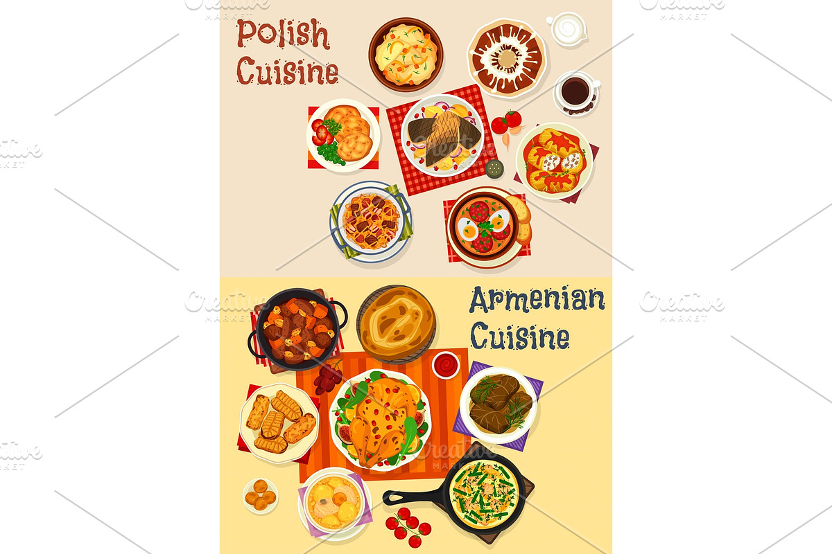 Polish and Armenian cuisine dinner menu icon in Illustrations - product preview 8