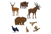 Wild forest animal and bird icon of hunting sport