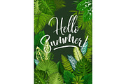 Summer tropical poster with green leaf of palm