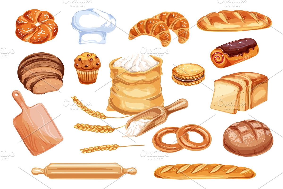 Bread watercolor icon of bakery and pastry food in Illustrations - product preview 8