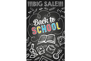 Sale offer banner of school supplies on blackboard