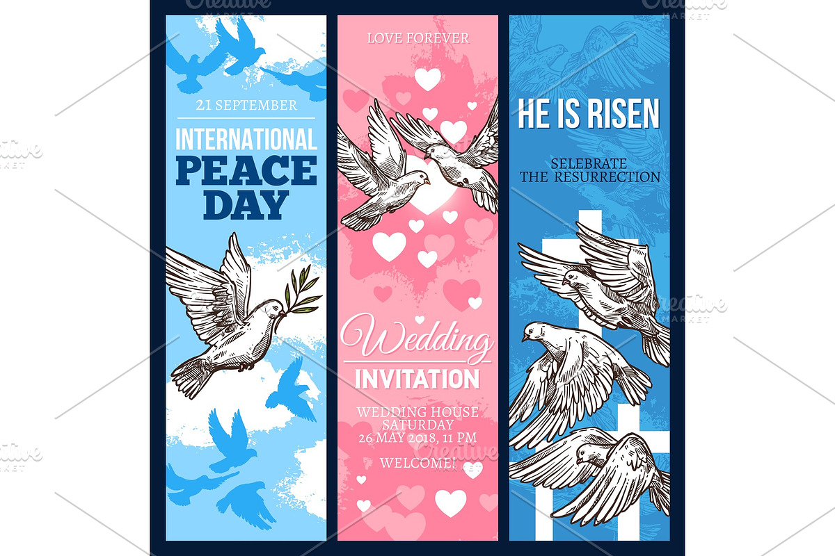 White dove of peace sketch banner with pigeon bird in Illustrations - product preview 8