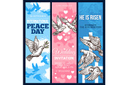White dove of peace sketch banner with pigeon bird