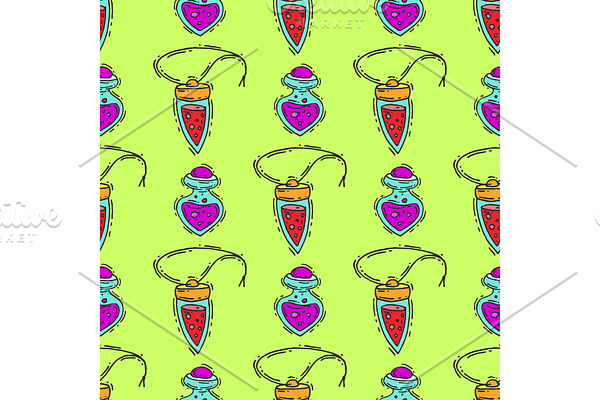 Bottle with potion game magic glass elixir poisoning toxic substance dangerous toxin drug container seamless pattern background vector illustration