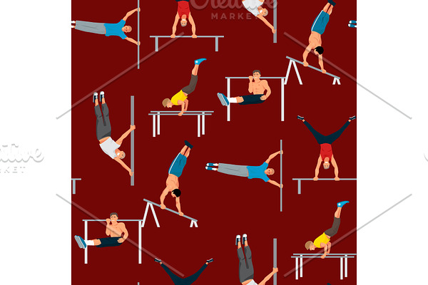 Horizontal bar chin-up strong athlete man gym exercise street workout tricks muscular fitness sport pulling up character seamless pattern background vector illustration.