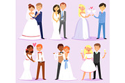 Wedding couple vector married bride or fiancee and bridegroom or fiance characters on wed illustration set of loving man and woman in weddingdress on marriage celebration isolated on background