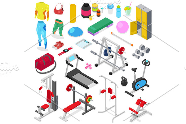 Fitness equipment vector gym machine for doing sport exercises on workout training to build body with bodybuilding weights in sportclub illustration set of sportswear isolated on white background