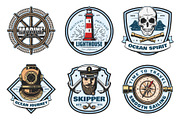Nautical retro badge of sea anchor, helm and rope