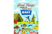 Fishing banner with fish catch and fisherman camp