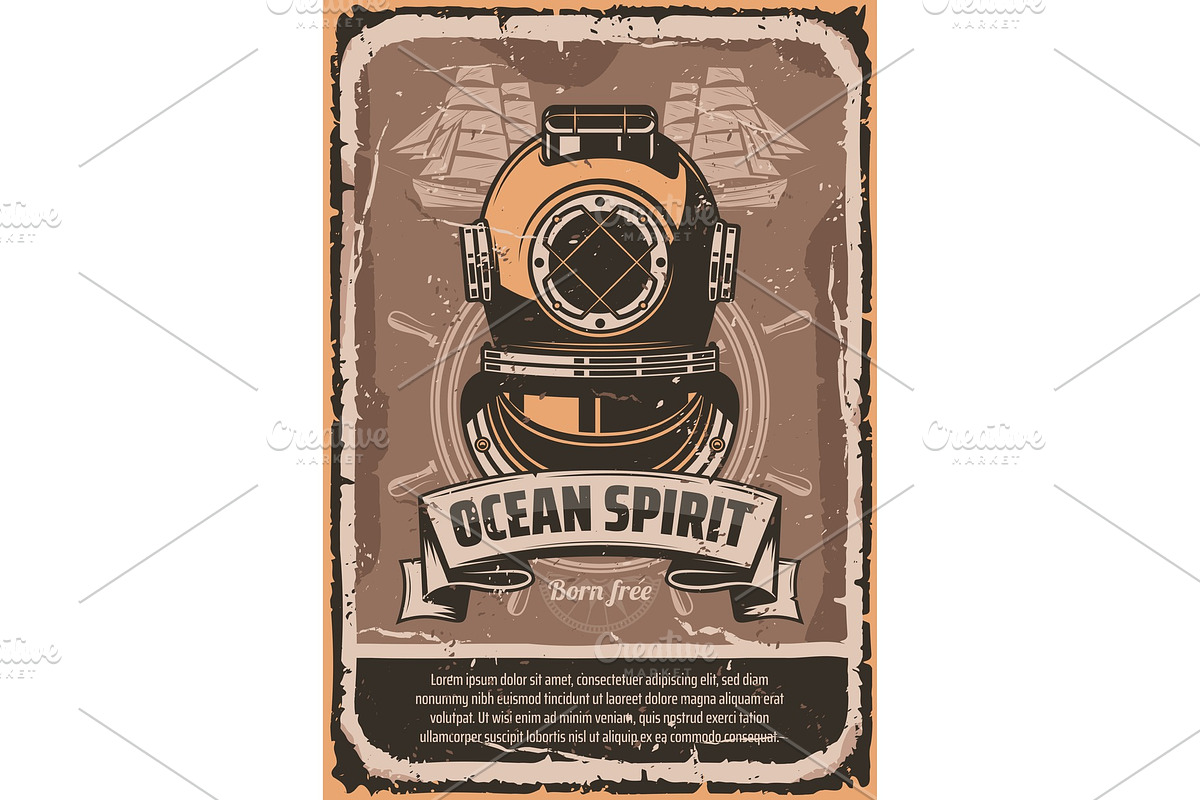 Nautical helmet retro banner for marine design in Illustrations - product preview 8