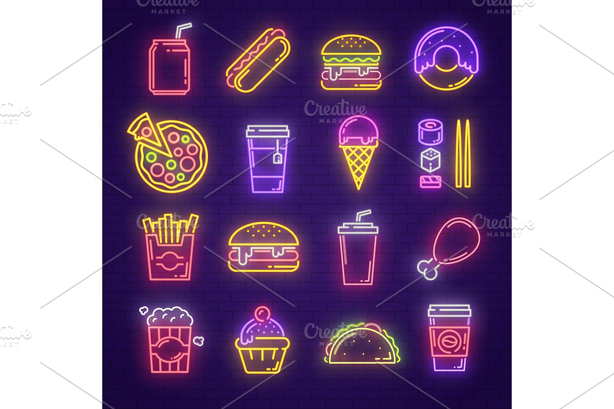 Fast food and drink neon light sign for signboard in Illustrations - product preview 8
