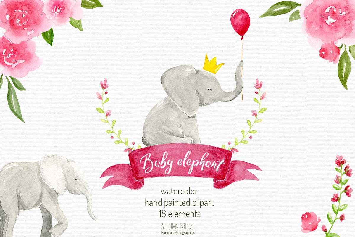 watercolor baby elephant clipart in Illustrations - product preview 8
