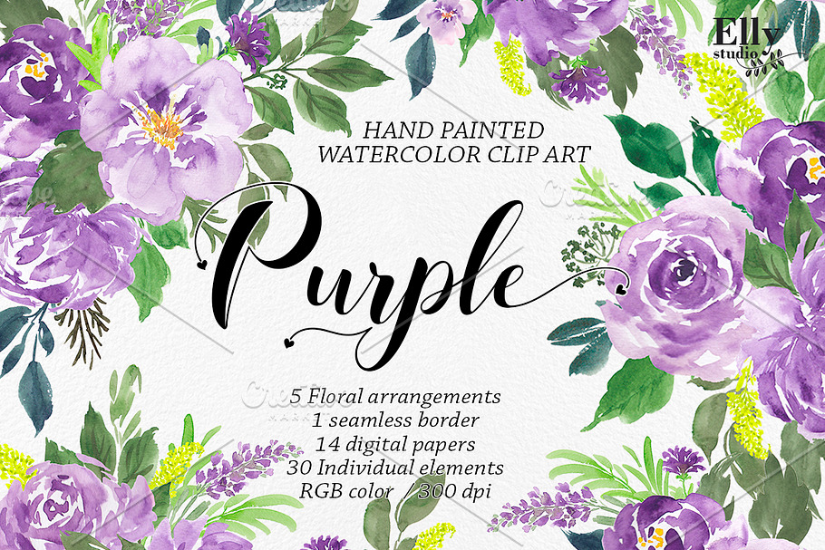 Purple Watercolor Flowers Clip Art  in Illustrations - product preview 8