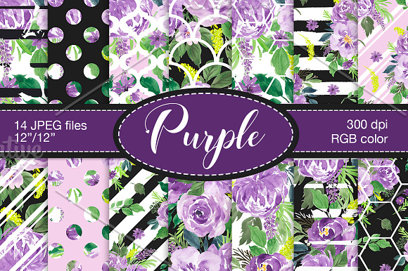 Purple Watercolor Flowers Clip Art  in Illustrations - product preview 3