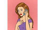Crying girl with phone pop art vector