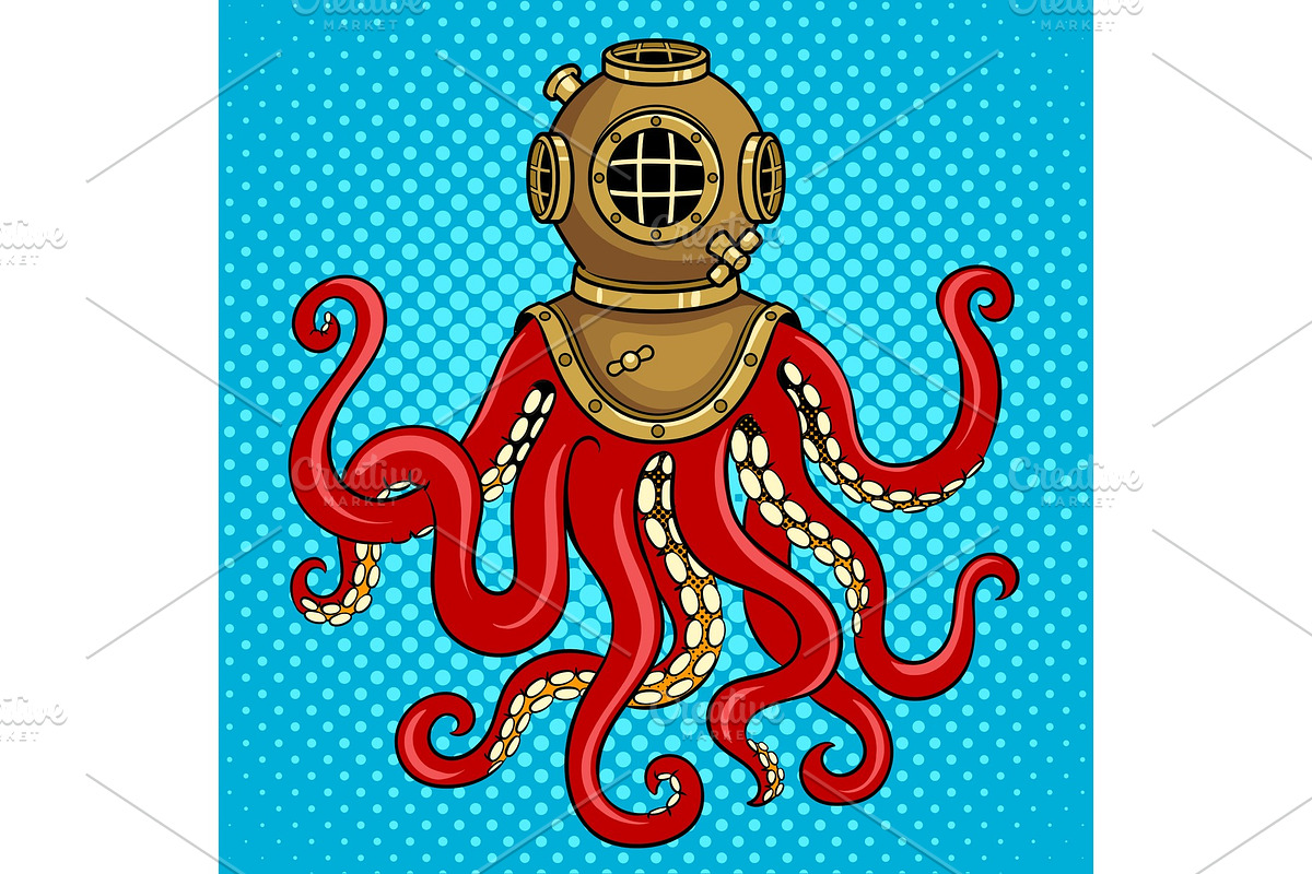 Octopus and old diver helmet pop art vector in Objects - product preview 8
