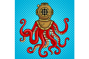 Octopus and old diver helmet pop art vector