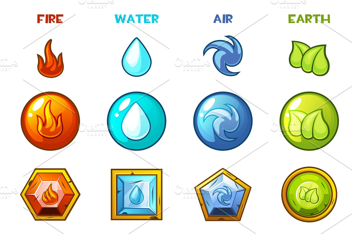 Cartoon four natural elements icons - Earth, Water, Fire and Air in Objects - product preview 8