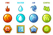 Cartoon four natural elements icons - Earth, Water, Fire and Air