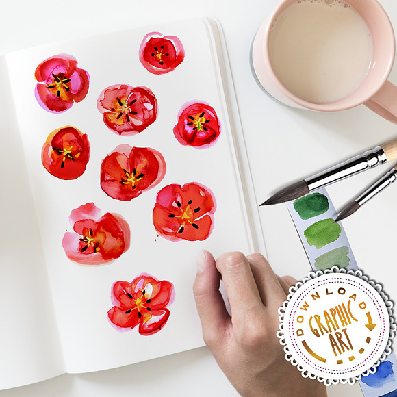 Red Tulips Watercolor Clipart in Illustrations - product preview 1