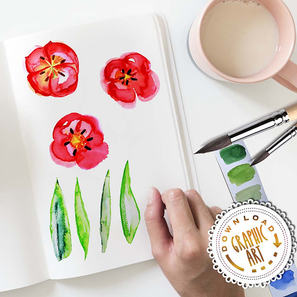 Red Tulips Watercolor Clipart in Illustrations - product preview 2