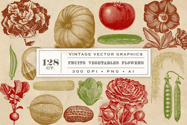 Vintage Fruit Vegetables & Flowers