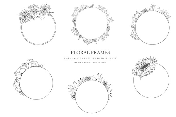 Round floral frames hand drawn