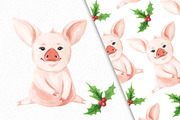 Watercolor pig and seamless pattern
