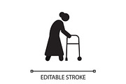 Old woman going with walker silhouette icon