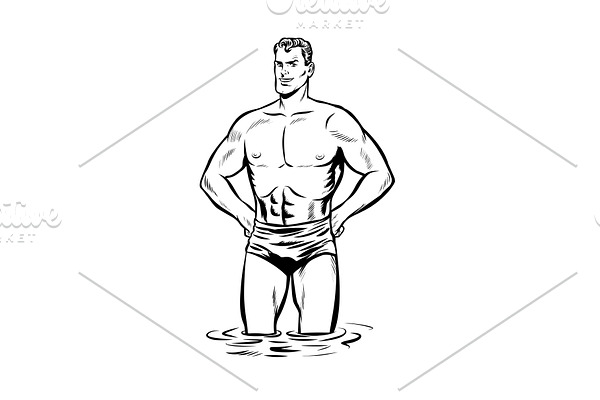 Man swimmer in swimming trunks. black and white outline