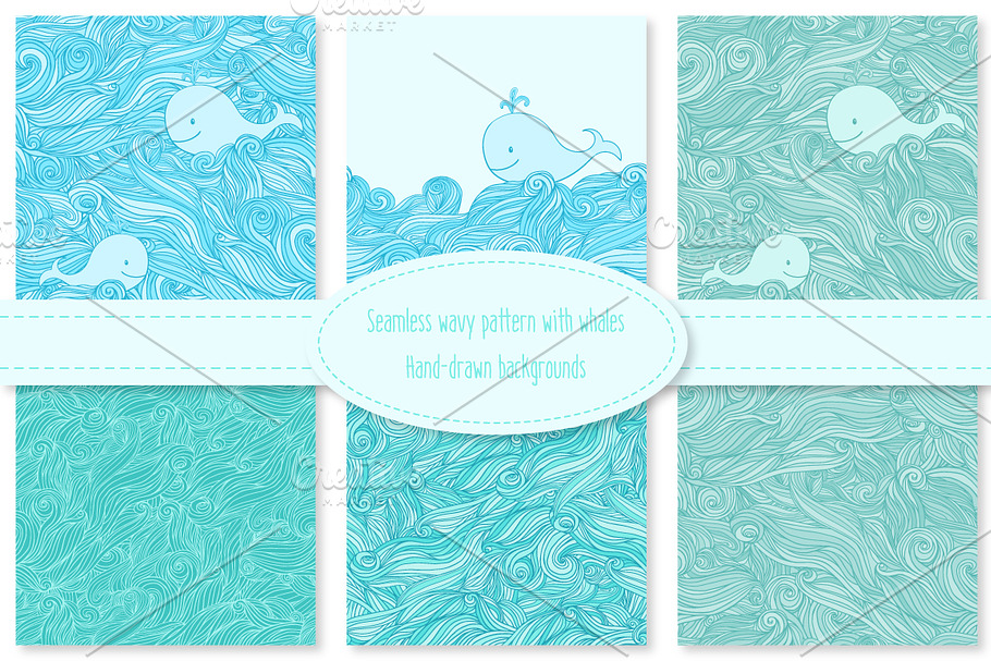 Whale in the sea waves patterns set. in Patterns - product preview 8