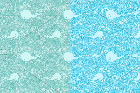 Whale in the sea waves patterns set. in Patterns - product preview 2