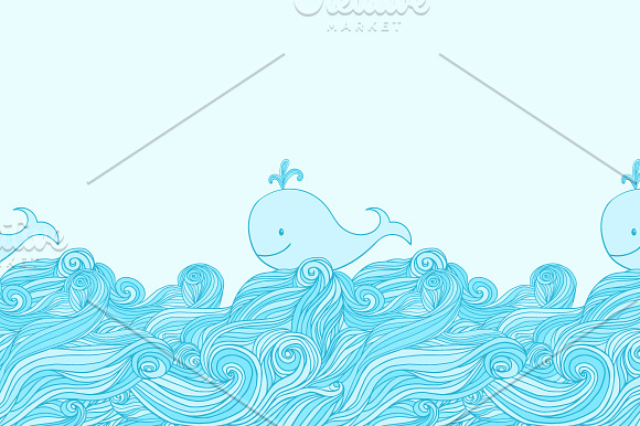 Whale in the sea waves patterns set. in Patterns - product preview 3