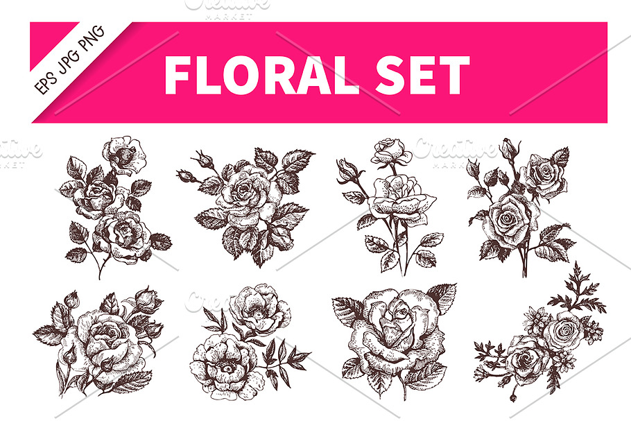Rose Floral Hand Drawn Set in Illustrations - product preview 8