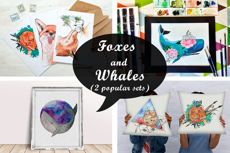 Foxes & Whales (2 watercolor sets) in Illustrations - product preview 8