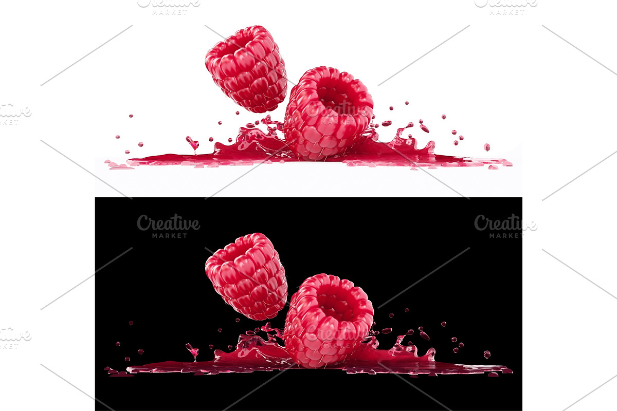 Raspberry berries in splash of juice in Illustrations - product preview 8